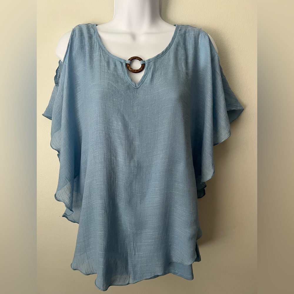 CORVIA - WOMEN'S BLUE CASCADE TOP - SIZE M With Wooden Ring Accent